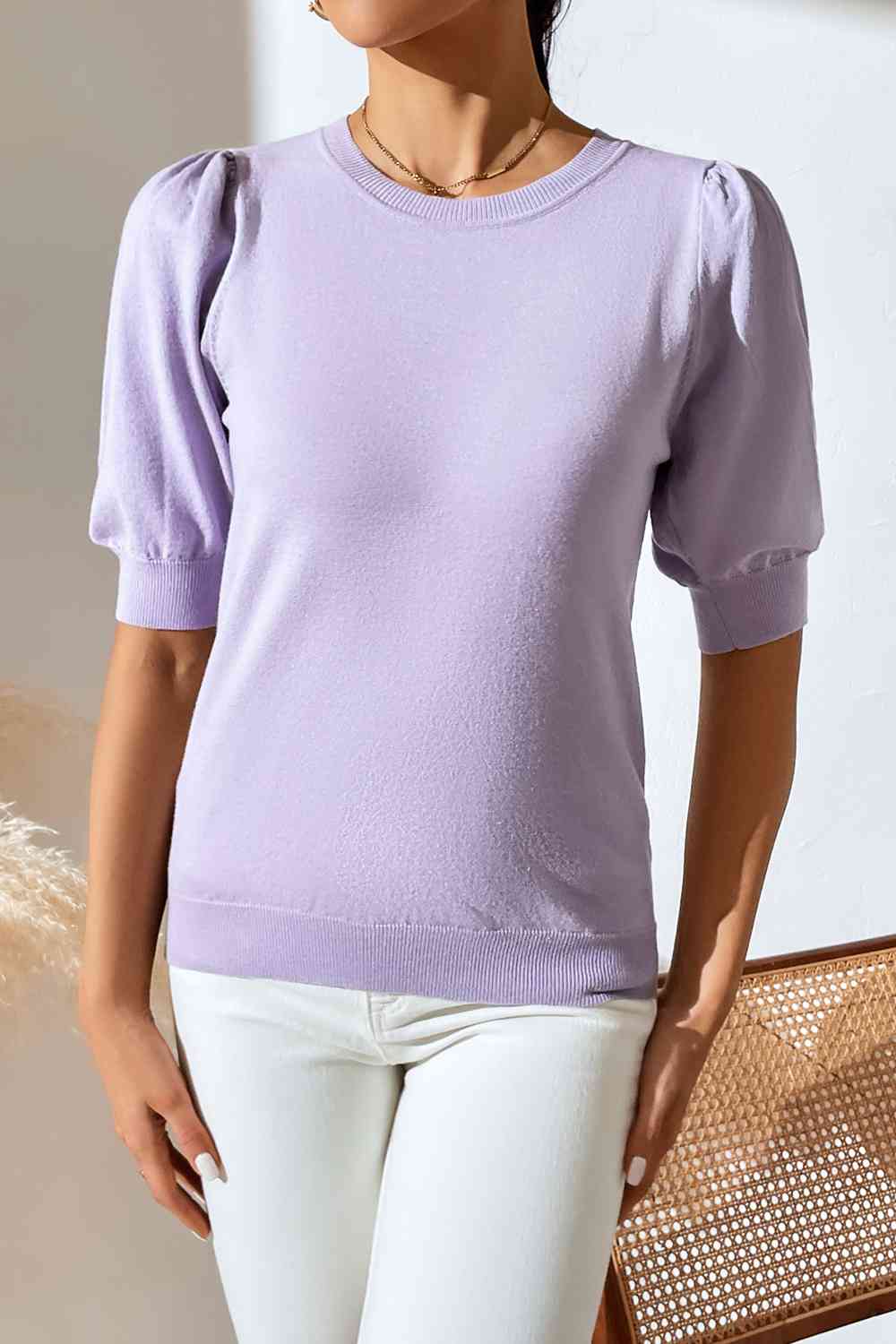 Round Neck Puff Sleeve Knit Top BLUE ZONE PLANET