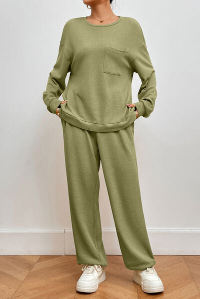 Pocketed Round Neck Top and Pants Lounge Set Trendsi