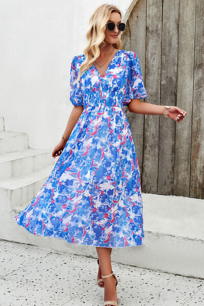 Smocked Printed V-Neck Short Sleeve Dress-TOPS / DRESSES-[Adult]-[Female]-2022 Online Blue Zone Planet