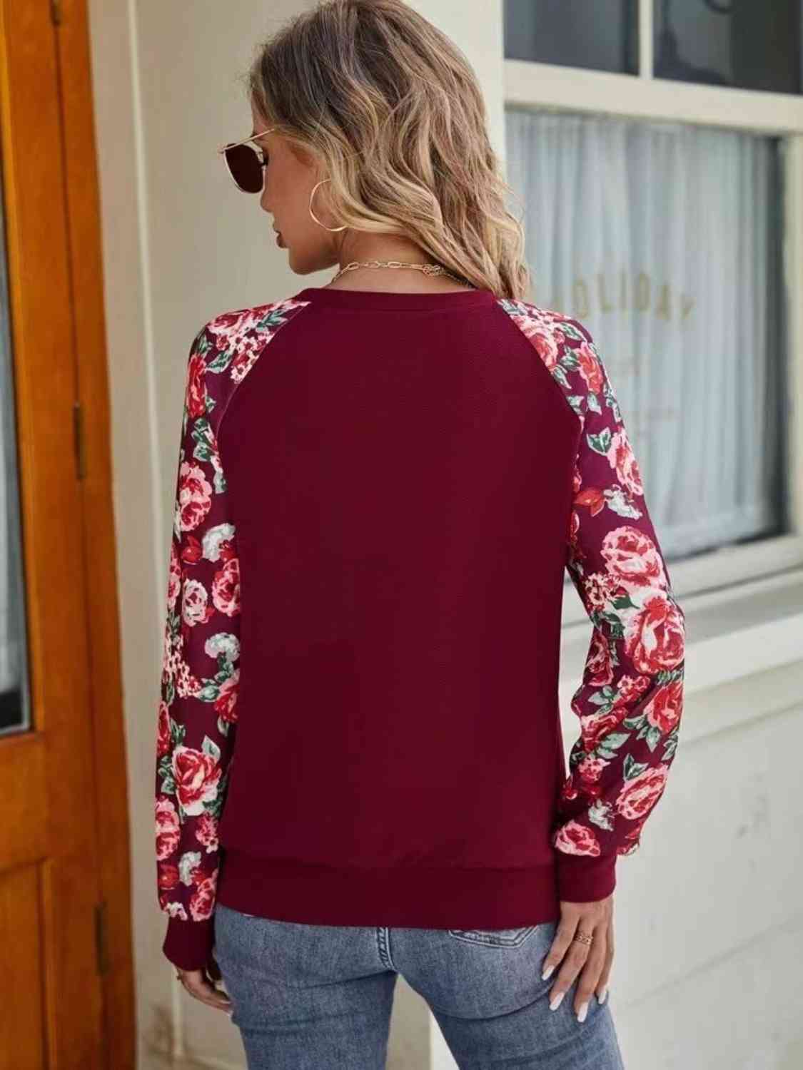 Floral Raglan Sleeve Round Neck Sweatshirt BLUE ZONE PLANET