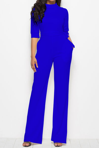 Mock Neck Tie-Waist Half Sleeve Jumpsuit Trendsi