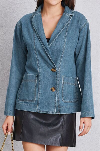 Pocketed Button Up Denim Jacket Trendsi