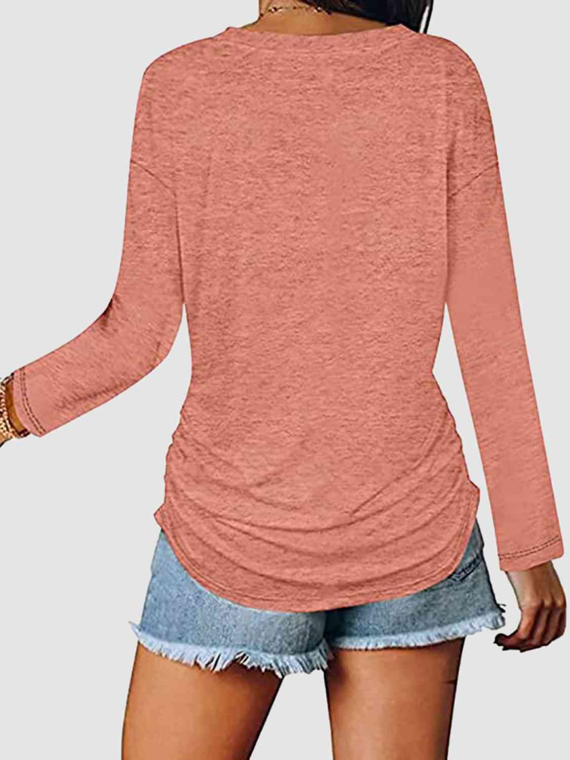 Ruched V-Neck Long Sleeve T-Shirt BLUE ZONE PLANET