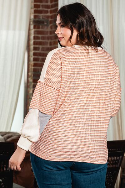 Plus Size Exposed Seam Color Block Round Neck Sweatshirt Trendsi