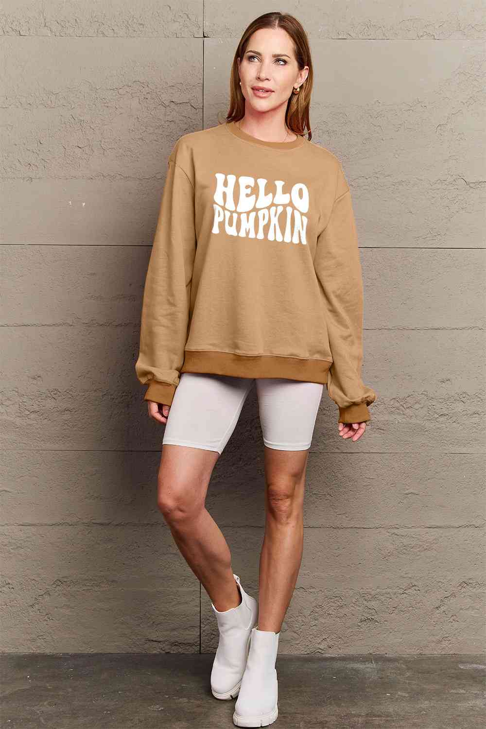 Simply Love Full Size HELLO PUMPKIN Graphic Sweatshirt BLUE ZONE PLANET