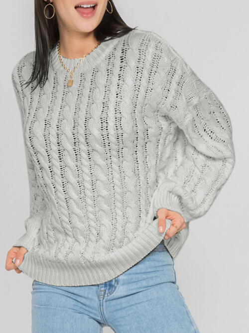 Openwork Round Sleeve Cable-Knit Sweater BLUE ZONE PLANET