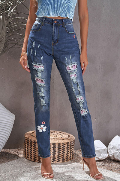 Blue Zone Planet |  Distressed Buttoned Jeans with Pockets BLUE ZONE PLANET