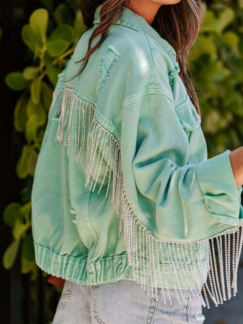 Fringed Chain Raw Hem Distressed Jacket BLUE ZONE PLANET