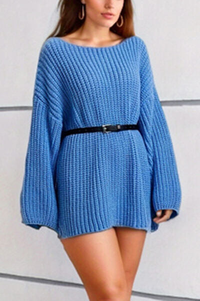 Boat Neck Dropped Shoulder Mini Sweater Dress-TOPS / DRESSES-[Adult]-[Female]-2022 Online Blue Zone Planet