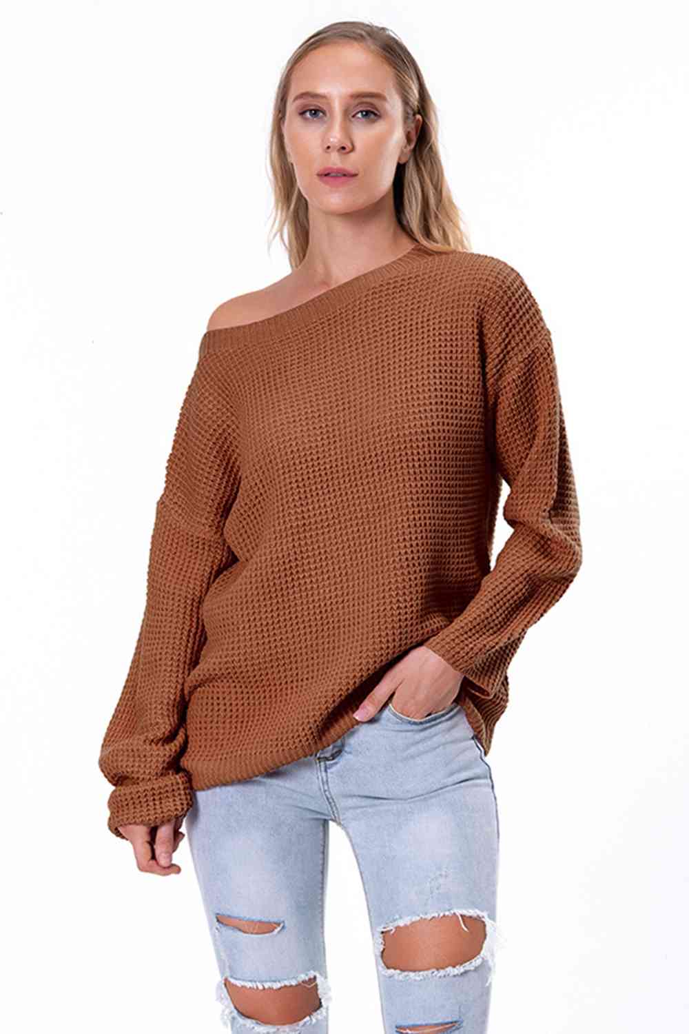 Boat Neck Drop Shoulder Long Sleeve Sweater BLUE ZONE PLANET