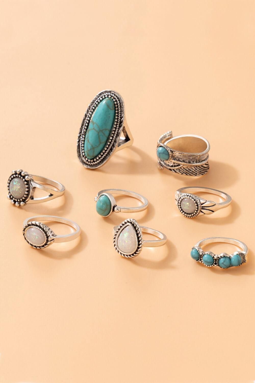 8-Piece Artificial Turquoise Ring Set BLUE ZONE PLANET