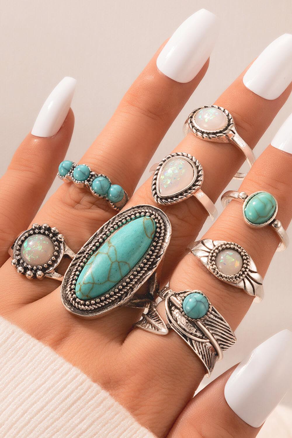 8-Piece Artificial Turquoise Ring Set BLUE ZONE PLANET