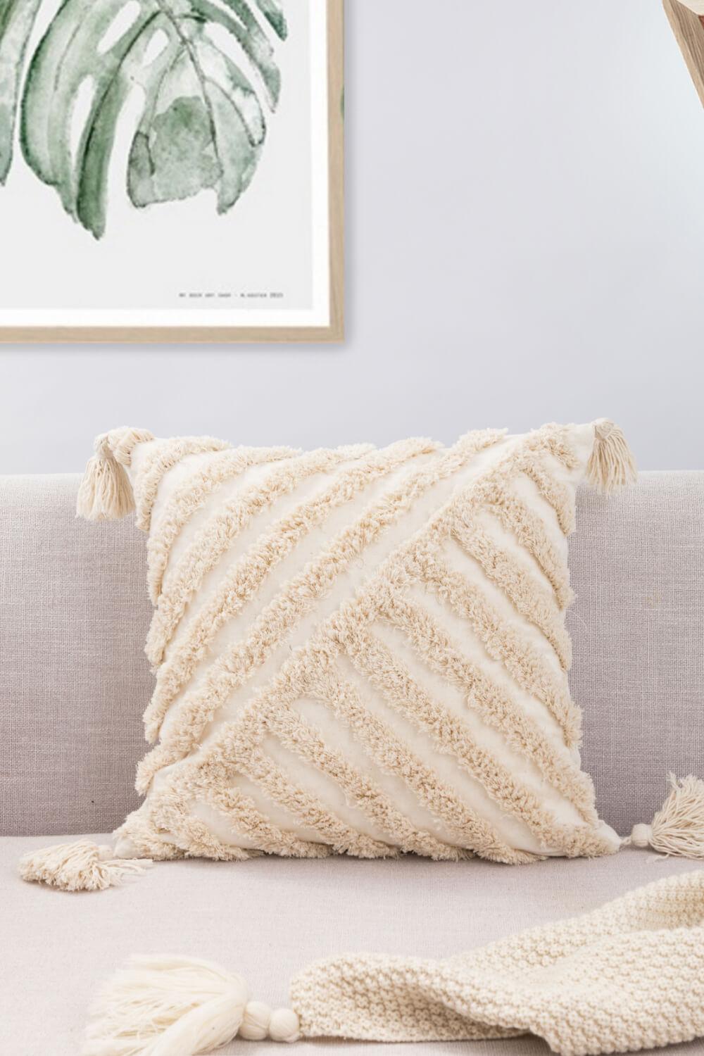 8 Styles Fringe Trim Throw Pillow Cover-TOPS / DRESSES-[Adult]-[Female]-Beige Stripes-Blue Zone Planet