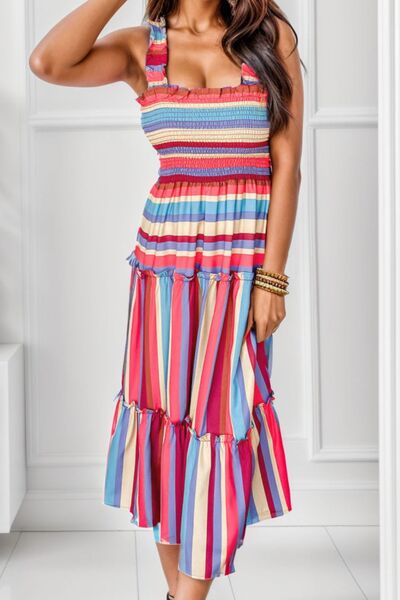 Striped Frill Smocked Tiered Midi Dress Trendsi