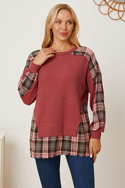 Blue Zone Planet |  Plaid Round Neck Dropped Shoulder Sweatshirt BLUE ZONE PLANET