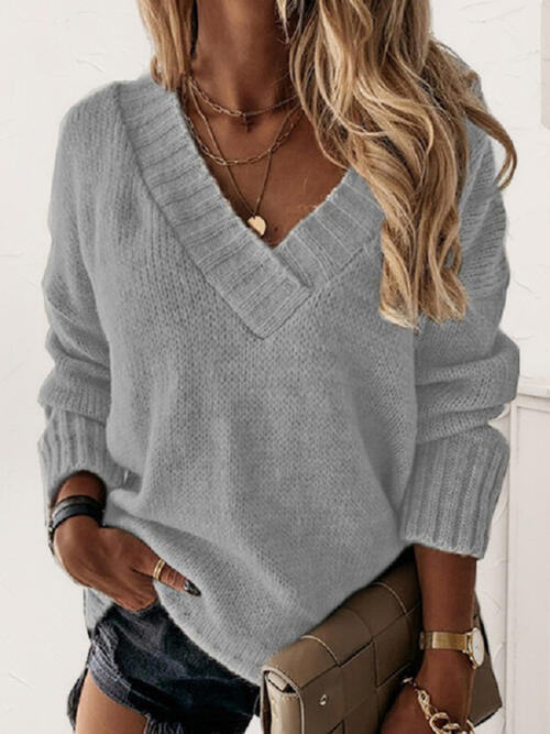 V-Neck Long Sleeve Knit Top BLUE ZONE PLANET