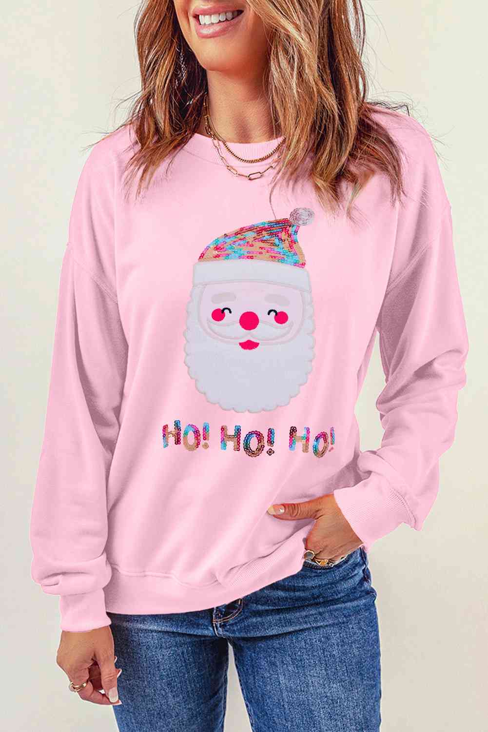 Sequin Santa Graphic Round Neck Sweatshirt BLUE ZONE PLANET