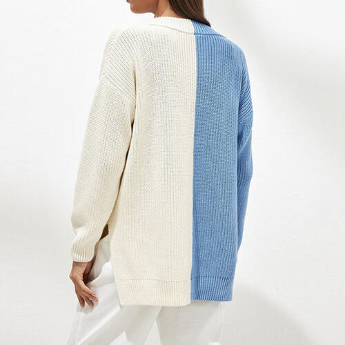 Contrast V-Neck Drop Shoulder Slit Sweater BLUE ZONE PLANET