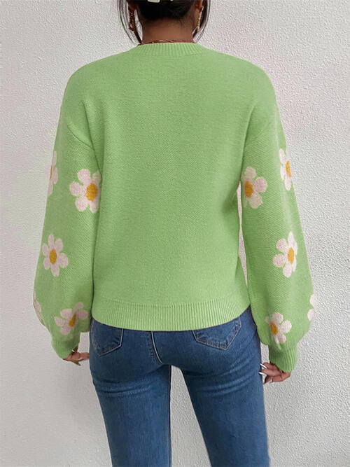 Flower Round Neck Latern Sleeve Sweater BLUE ZONE PLANET