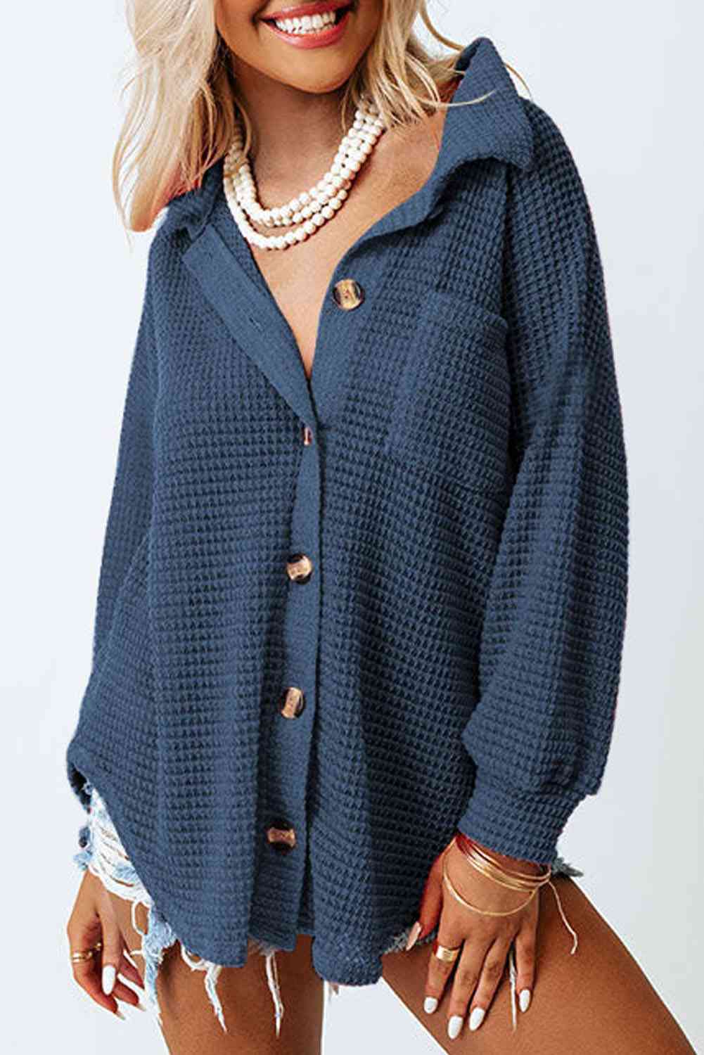 Waffle-Knit Button Up Long Sleeve Shirt with Pocket BLUE ZONE PLANET