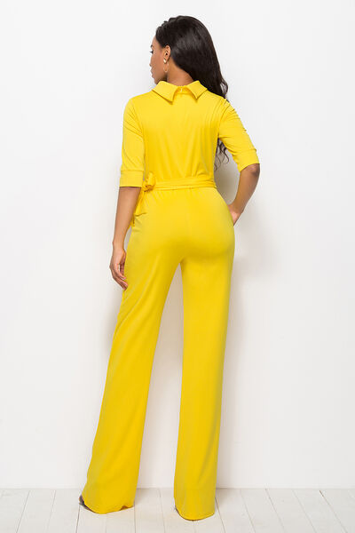 Mock Neck Tie-Waist Half Sleeve Jumpsuit Trendsi