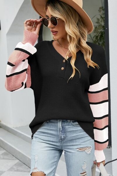 Color Block V-Neck Dropped Shoulder Sweater Trendsi