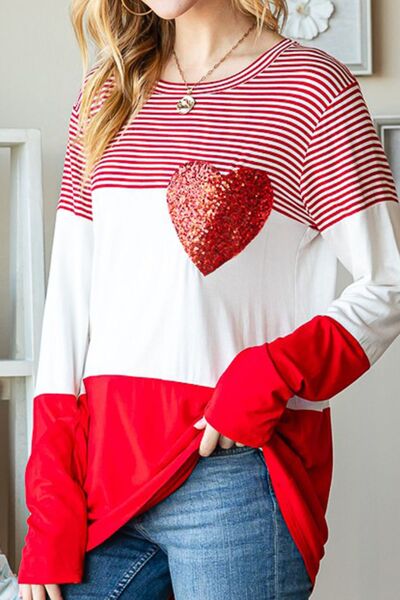 Striped Heart Sequin Long Sleeve T-Shirt-TOPS / DRESSES-[Adult]-[Female]-2022 Online Blue Zone Planet