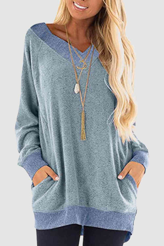 V-Neck Long Sleeve Sweatshirt with Pockets BLUE ZONE PLANET