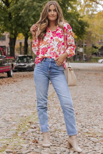 Blue Zone Planet |  Floral V-Neck Frill Long Sleeve Blouse BLUE ZONE PLANET