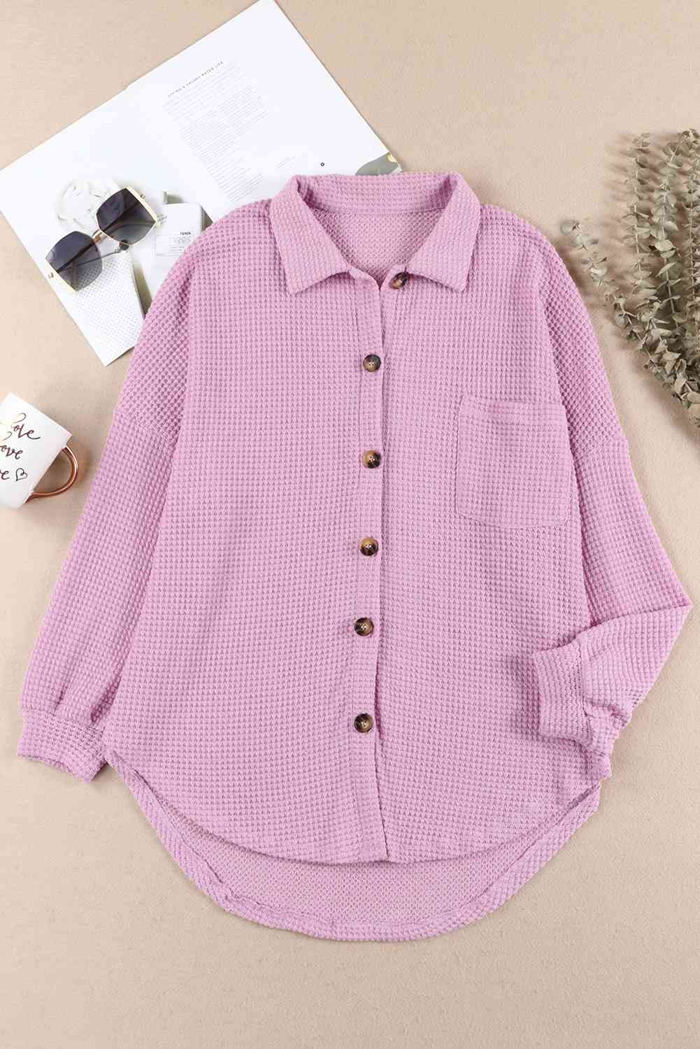 Waffle-Knit Button Up Long Sleeve Shirt with Pocket BLUE ZONE PLANET