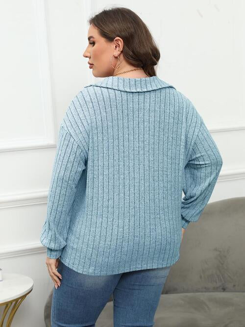 Plus Size Ribbed Collared Neck Long Sleeve Blouse BLUE ZONE PLANET