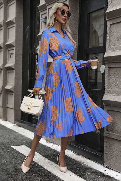 Blue Zone Planet |  Floral Pleated Surplice Long Sleeve Midi Dress BLUE ZONE PLANET