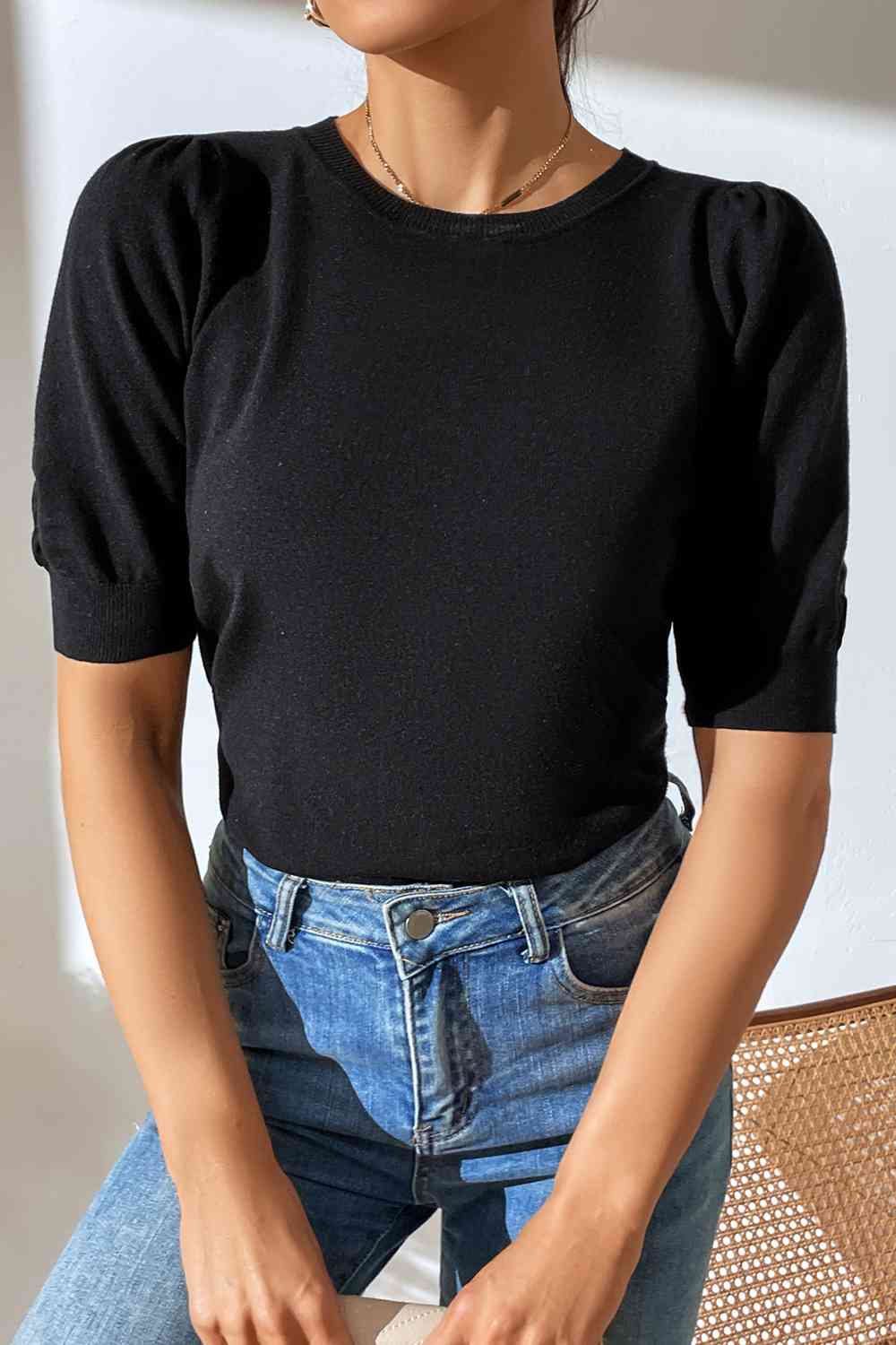 Round Neck Puff Sleeve Knit Top BLUE ZONE PLANET