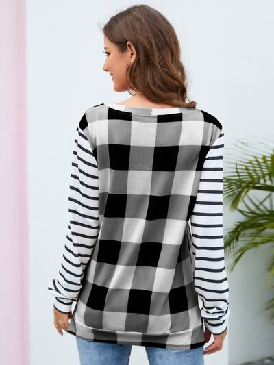 Plaid Striped Round Neck Long Sleeve T-Shirt-TOPS / DRESSES-[Adult]-[Female]-2022 Online Blue Zone Planet