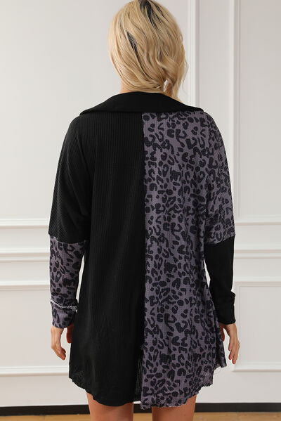 Half Button Leopard Collared Neck Blouse BLUE ZONE PLANET