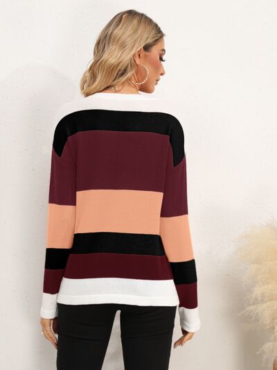 Striped Round Neck Dropped Shoulder Sweater BLUE ZONE PLANET