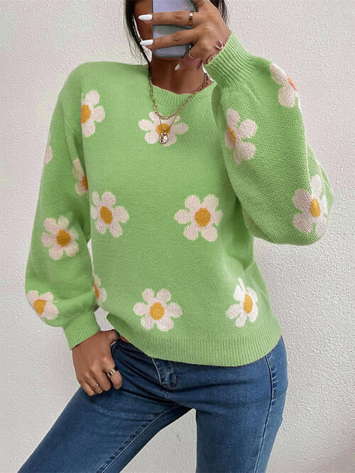 Flower Round Neck Latern Sleeve Sweater BLUE ZONE PLANET