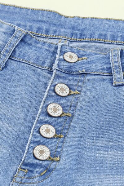 Button-Fly Distressed Raw Hem Flare Jeans BLUE ZONE PLANET