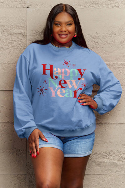 Simply Love Full Size HAPPY NEW YEAR Round Neck Sweatshirt BLUE ZONE PLANET