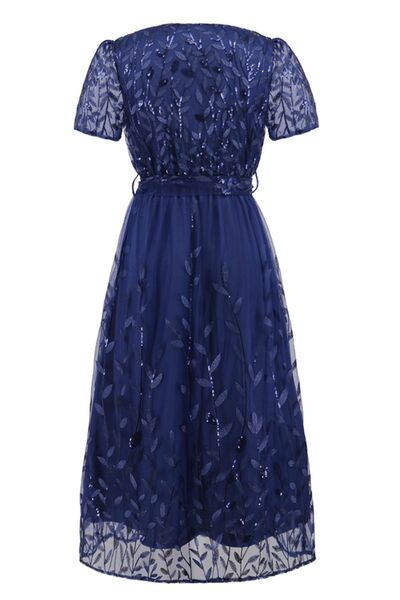 Blue Zone Planet |  Sequin Leaf Embroidery Tie Front Short Sleeve Dress BLUE ZONE PLANET