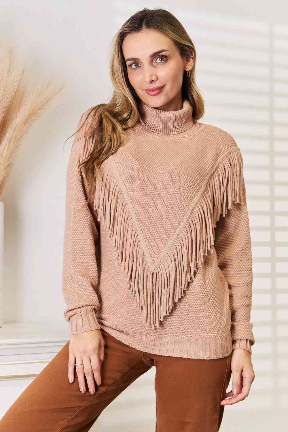 Woven Right Turtleneck Fringe Front Long Sleeve Sweater BLUE ZONE PLANET