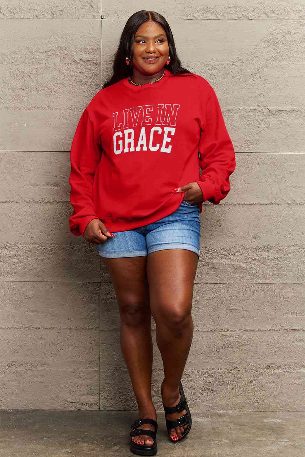 Simply Love Full Size LIVE IN GRACE Graphic Sweatshirt BLUE ZONE PLANET