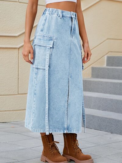 Blue Zone Planet |  Slit Pocketed High Waist Denim Skirt BLUE ZONE PLANET