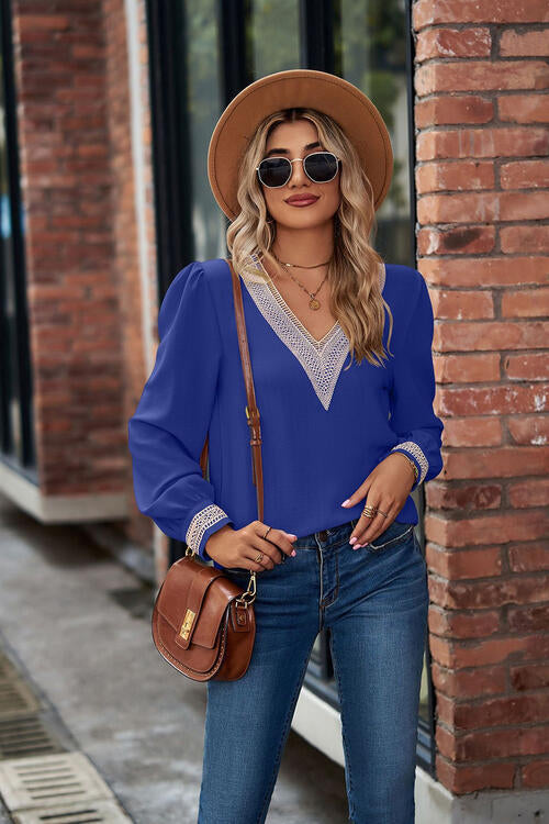 V-Neck Lace Detail Long Sleeve Top BLUE ZONE PLANET