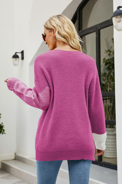 Color Block Round Neck Sweater BLUE ZONE PLANET