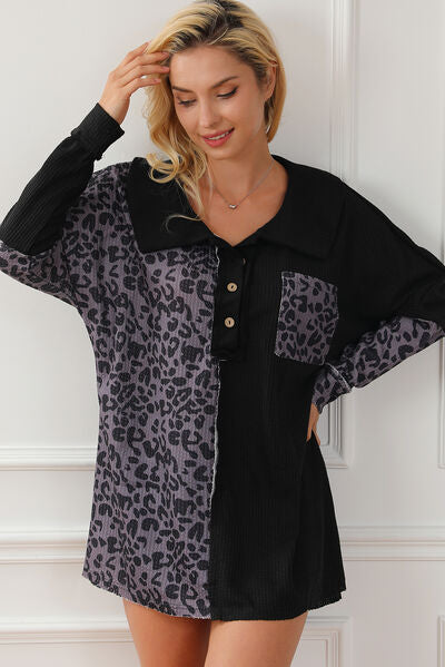 Half Button Leopard Collared Neck Blouse BLUE ZONE PLANET