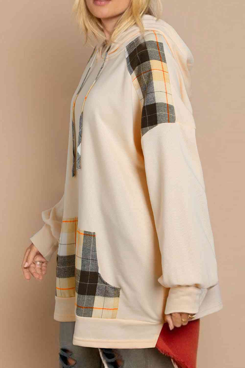 Plaid Drawstring Drop Shoulder Hoodie with Pocket BLUE ZONE PLANET