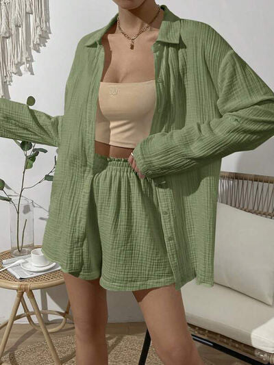 Dropped Shoulder Button Up Top and Elastic Waist Shorts Set-TOPS / DRESSES-[Adult]-[Female]-Sage-S-2022 Online Blue Zone Planet