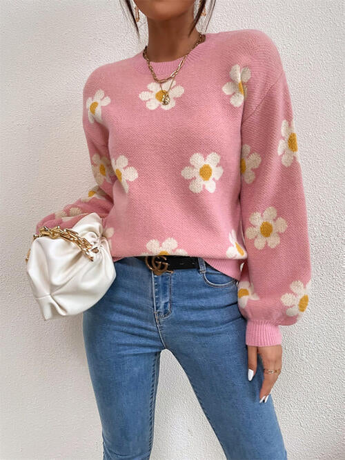 Flower Round Neck Latern Sleeve Sweater BLUE ZONE PLANET