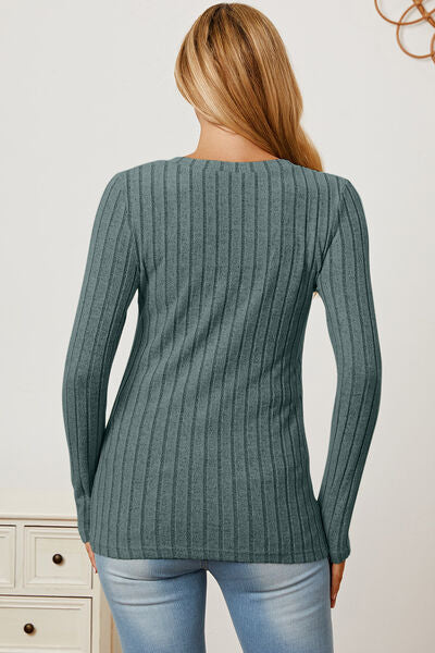 Basic Bae Full Size Ribbed V-Neck Long Sleeve T-Shirt-TOPS / DRESSES-[Adult]-[Female]-2022 Online Blue Zone Planet